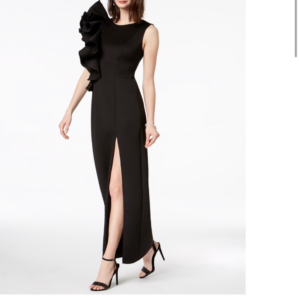 EUC Betsy & Adam elegant black ruffle shoulder gown